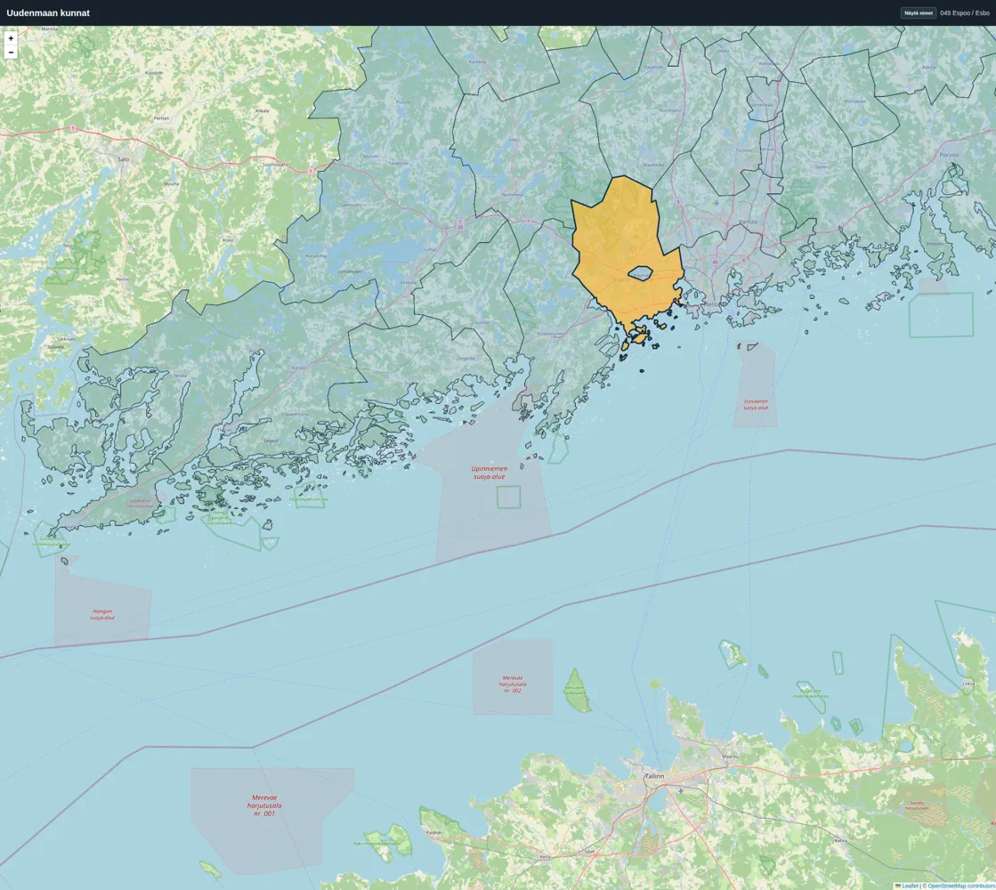 Uudenmaan kuntarajat kartalla; Espoo korostettuna
